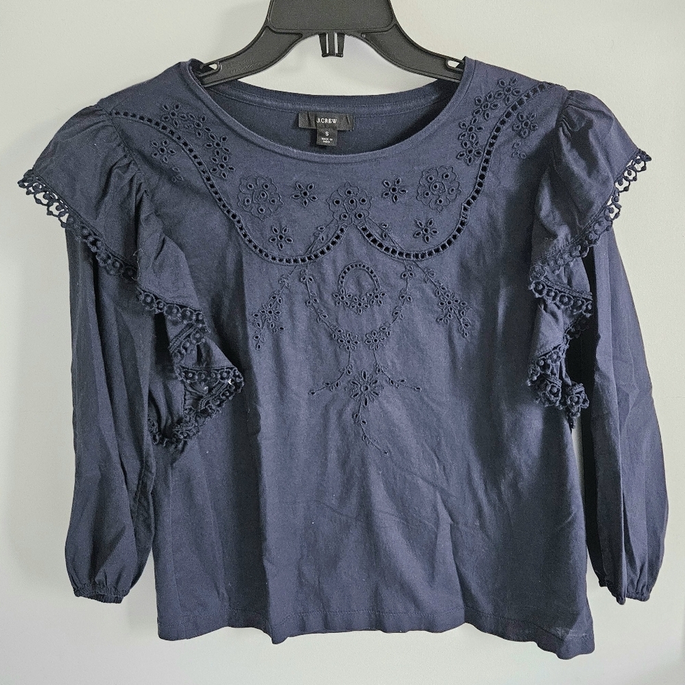 J. Crew Eyelet Navy Blue Ruffle Blouse